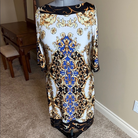 forever Dresses & Skirts - Forever Sheath Dress White Gold Blue Bateau Neckline Dolman Sleeves Women's